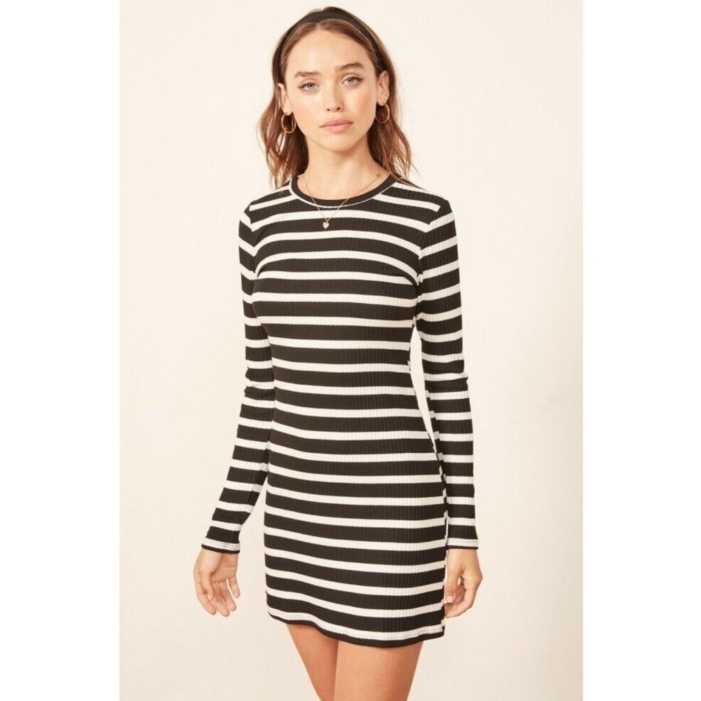 Reformation Black and White Striped Long Sleeve Mini Dress